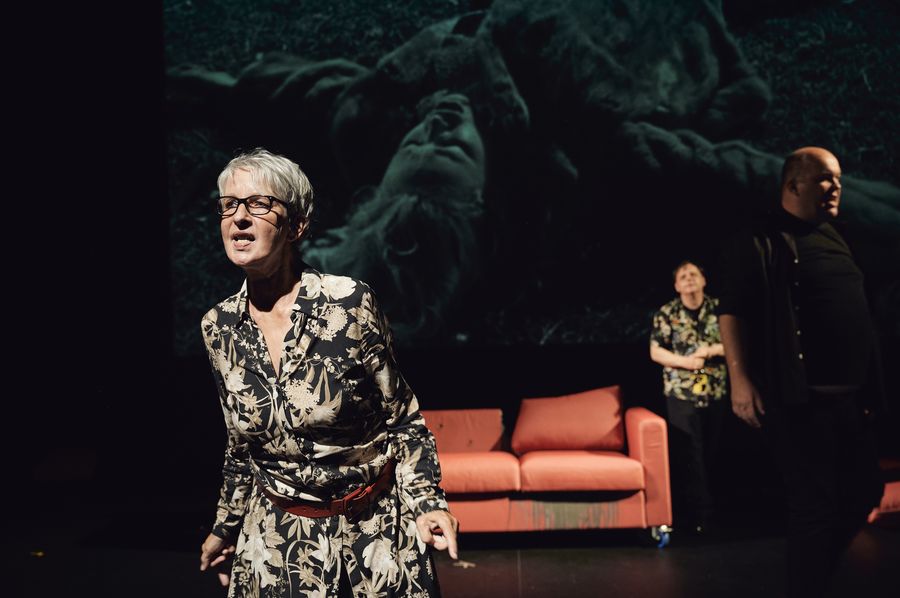 Eine Person, im Hintergrund eine rote Couch